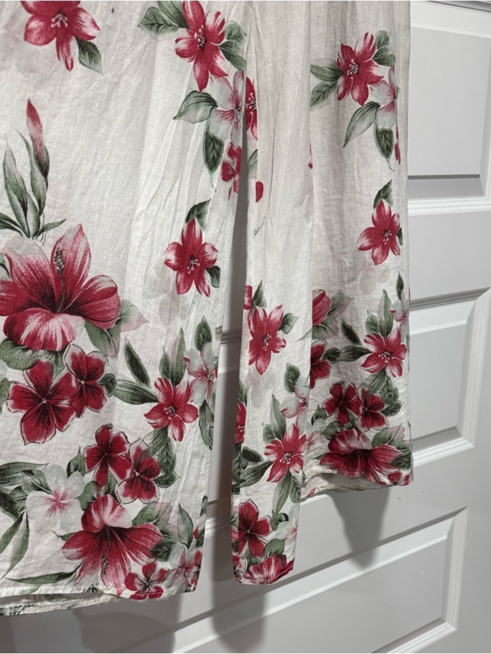 Wide-Leg Floral Border Linen Pants in Cream with Pink Floral - Picture 4 of 14